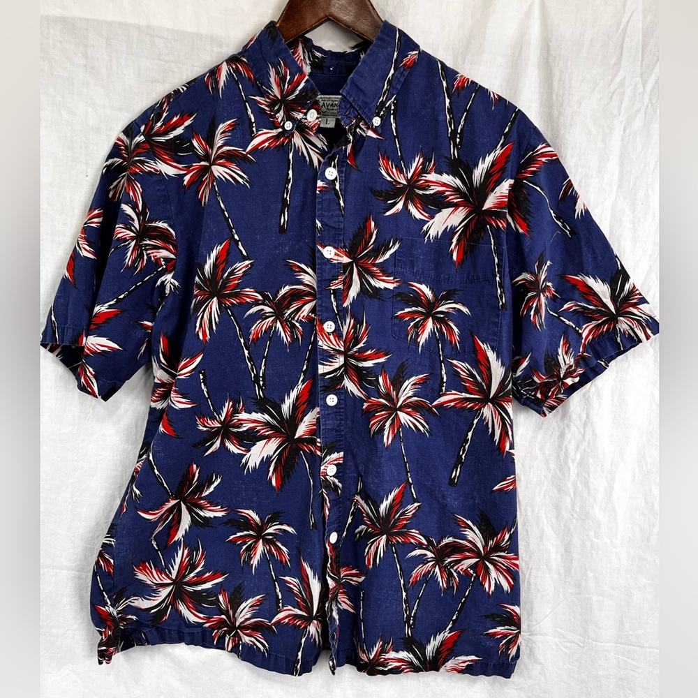 Avanti Vintage Hawaiian Shirt Electric Palms Cotton Navy Mens Large Short Sleeve